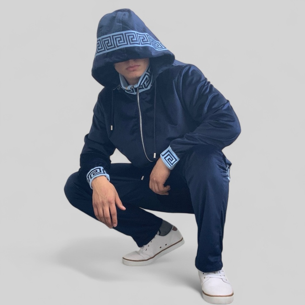 Men's Manzini Navy | Sky Blue Hooded Velvet Casual Tracksuit NWT